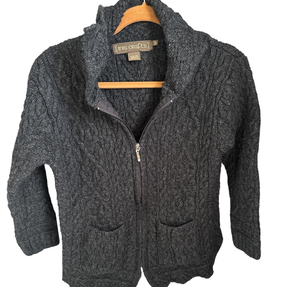 Inis Craft Womens Merino Wool Fisherman Cable Cardigan Sweater Size M Grey